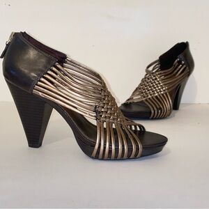 Studio Paolo Cycle Strappy Woven Metallic Bronze Faux Leather Cone Heel Sandals